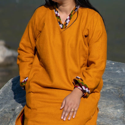 Mustard Merino Wool Himachali Pheran with Kullu Patti Border – Handcrafted Winterwear