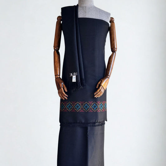 Bhuttico women’s polywool suit set in black with matching stole and unique handloom design