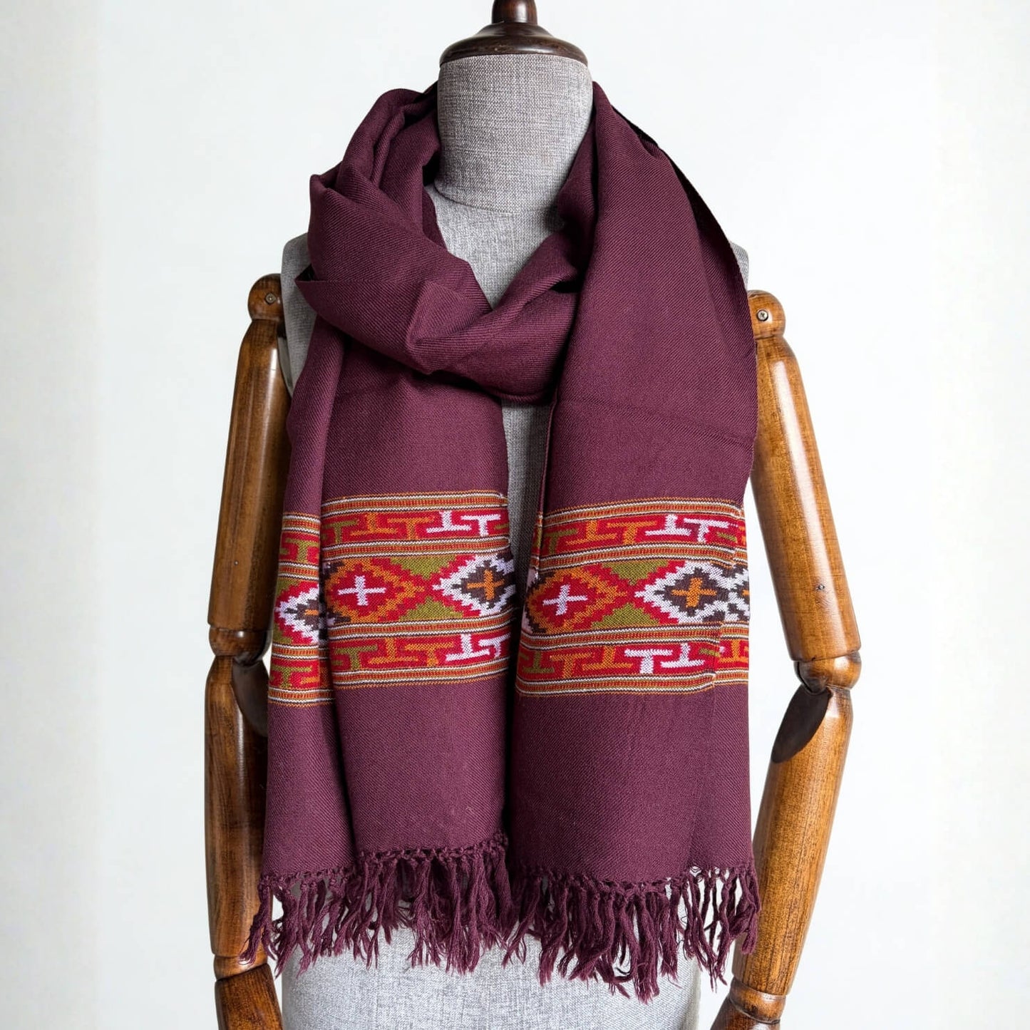 Merino Wool Traditional Kullu Patti Stole – Coffee