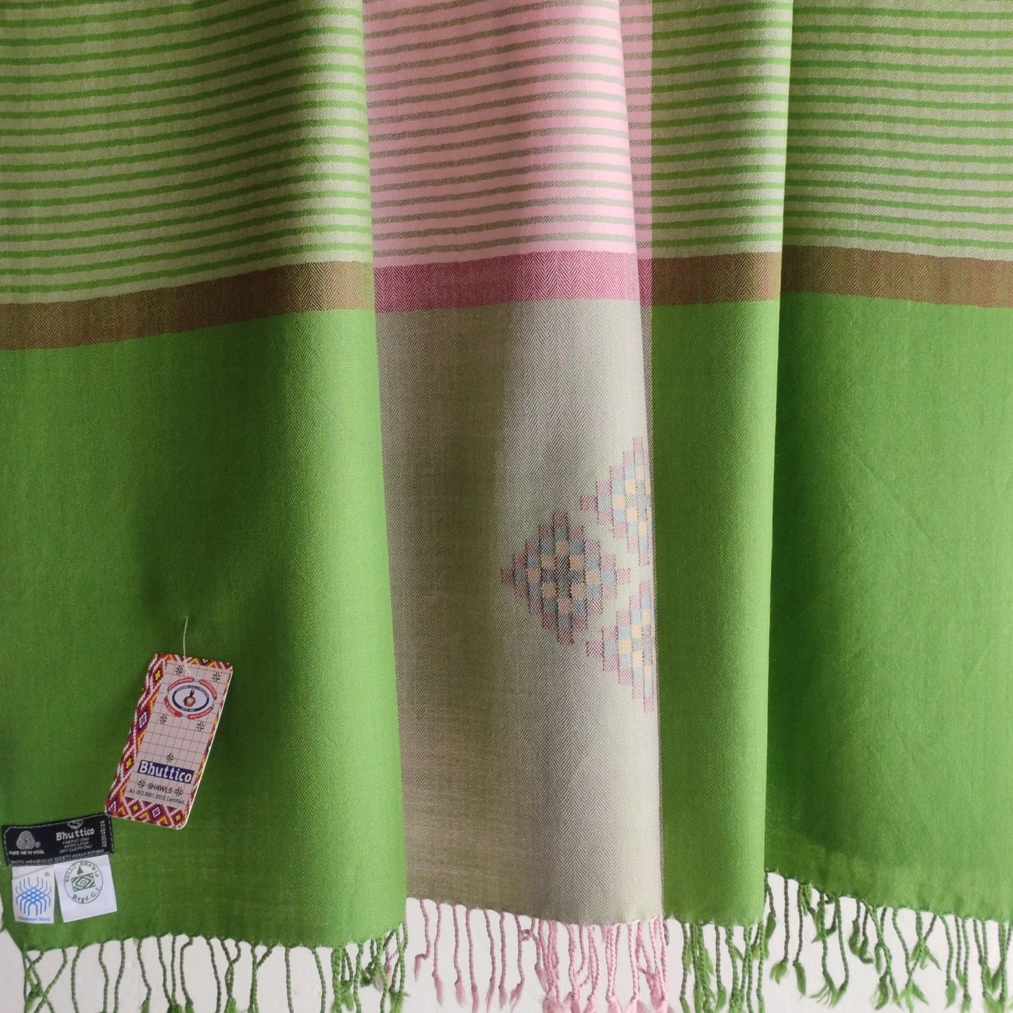 Hand Woven Pure Merino Wool Kullu Shawl- Grey and Green