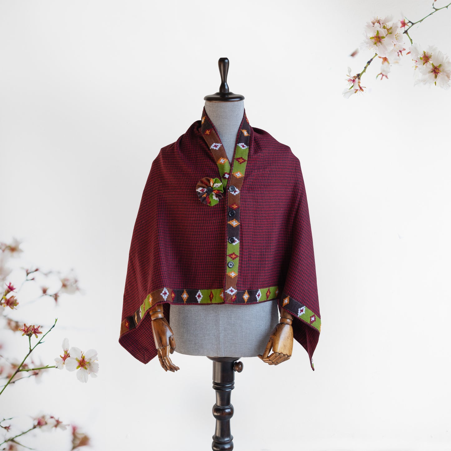 Maroon Woolen Cape for Women With Kullu Patti Border