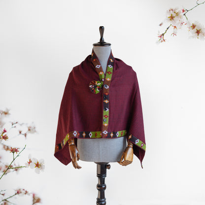 Maroon Woolen Cape for Women With Kullu Patti Border