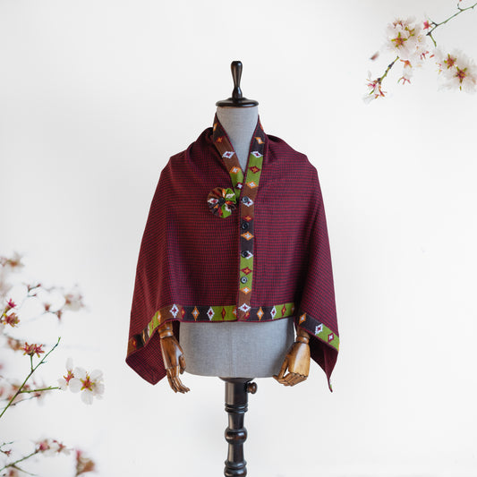 Maroon Woolen Cape for Women With Kullu Patti Border