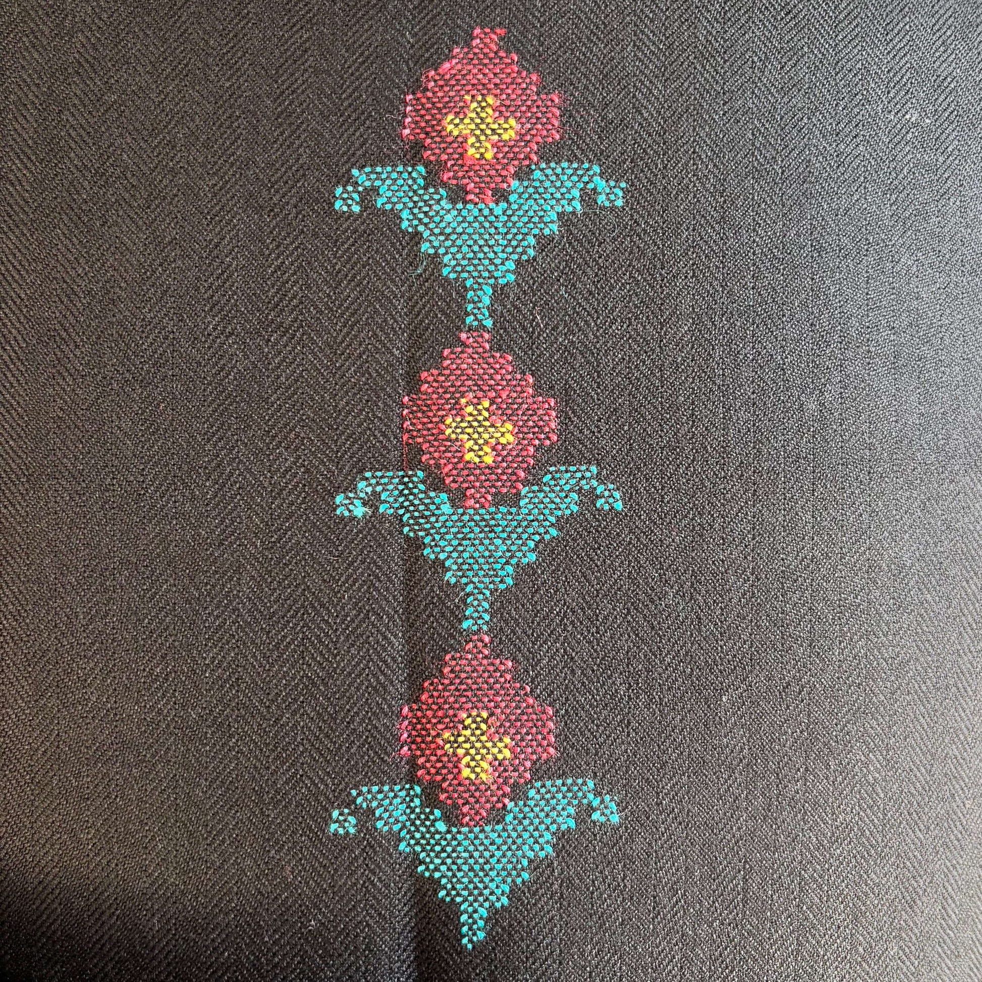 Close-up of design in black polywool from Bhuttico handloom suit set
