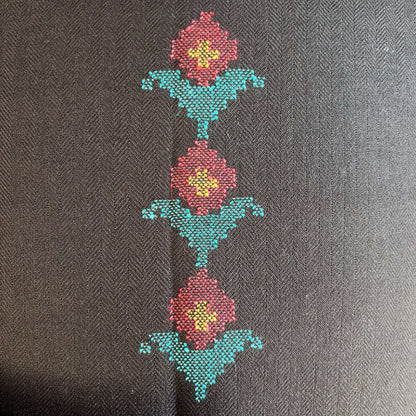 Close-up of design in black polywool from Bhuttico handloom suit set