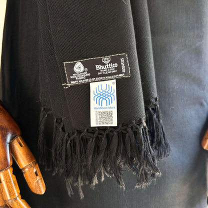 Soft polywool fabric texture and design detail of Bhuttico women’s black handwoven suit set