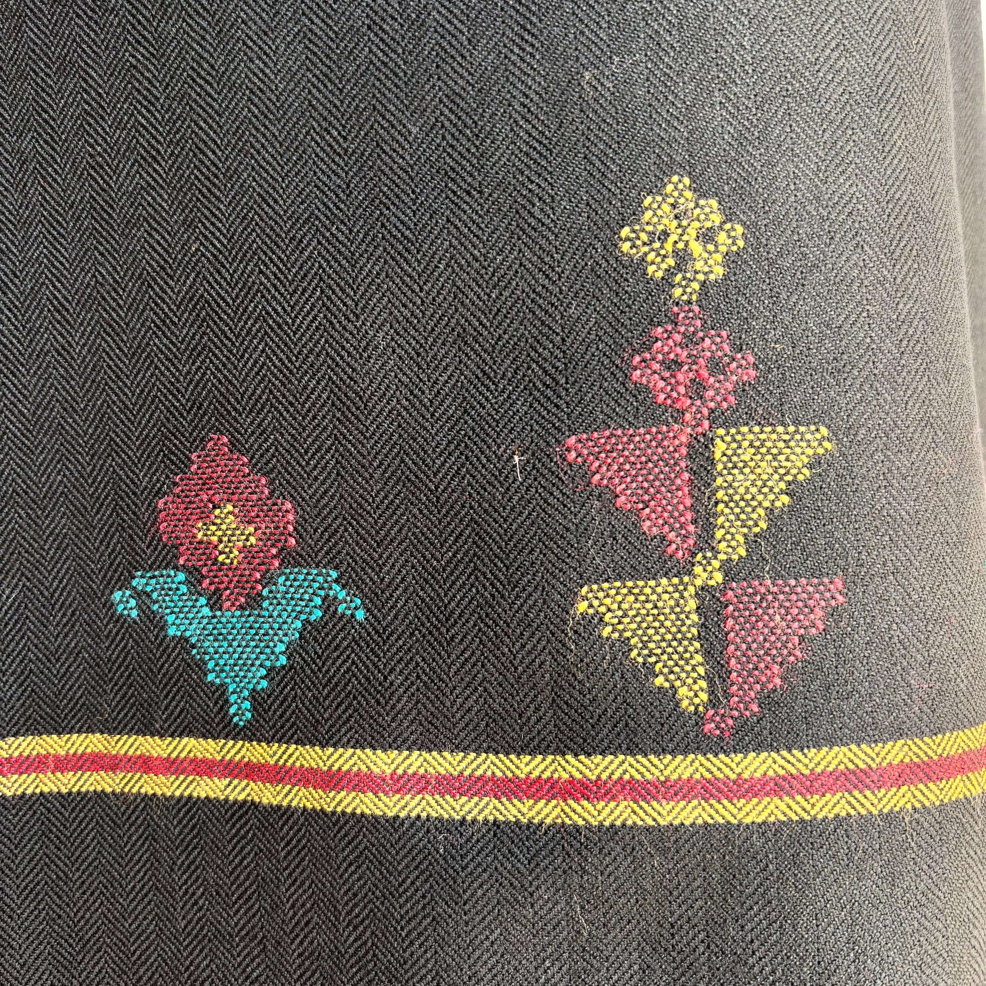 Close-up of designs in black polywool from Bhuttico handloom suit set