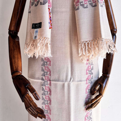 Close-up of matching stole in beige Merino wool from Bhuttico handloom suit set