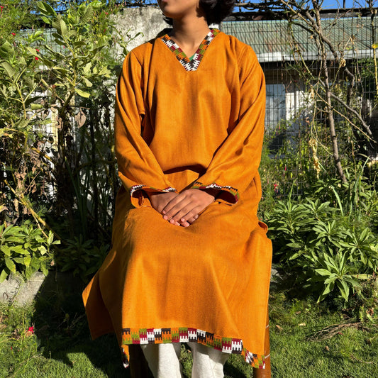 Mustard Merino Wool Himachali Pheran with Kullu Patti Border – Handcrafted Winterwear