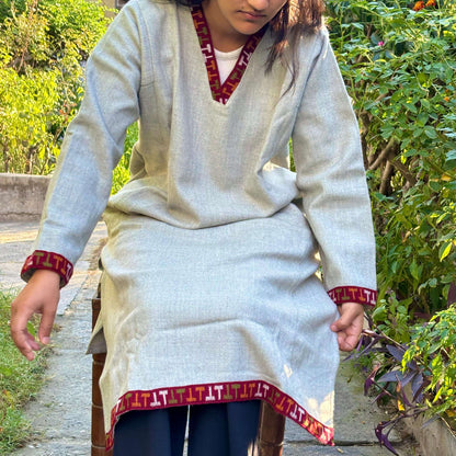 Grey Merino Wool Himachali Pheran with Kullu Patti Border – Handcrafted Warm Wear