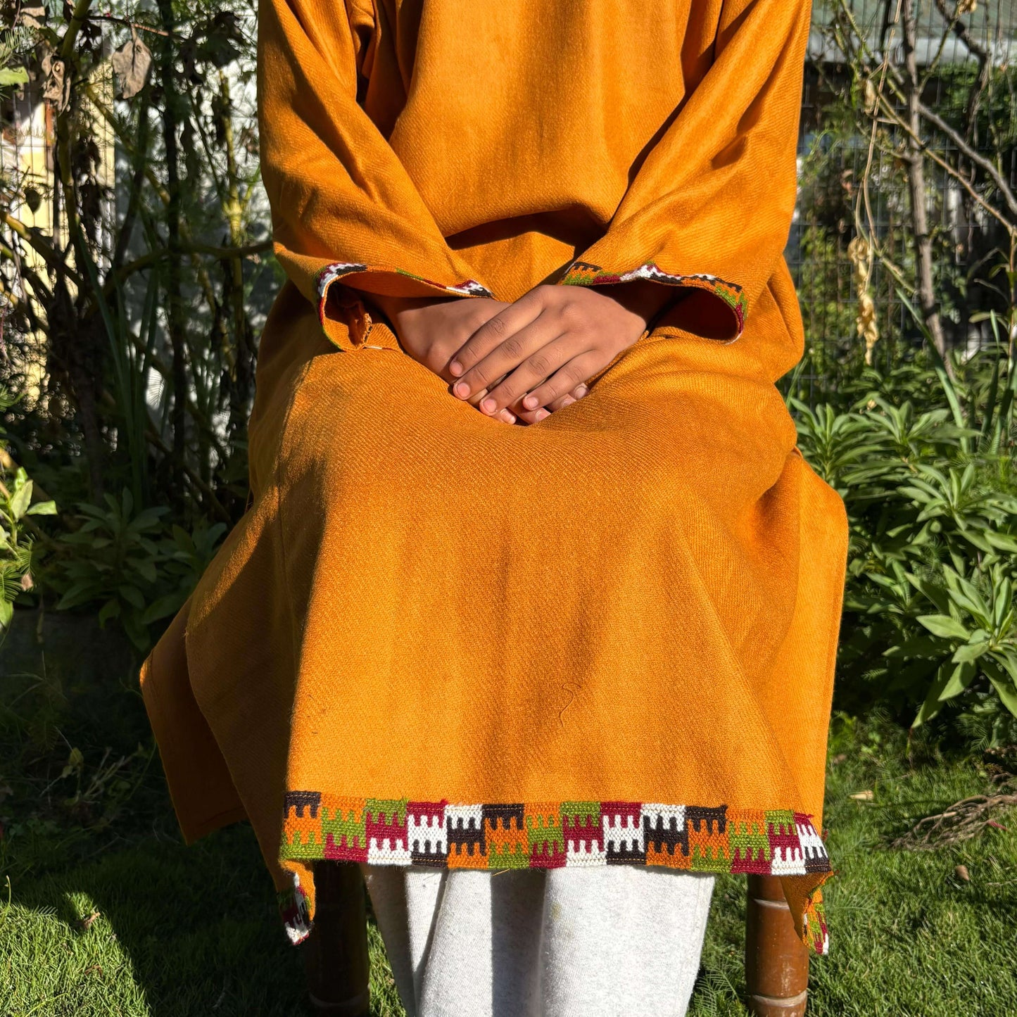 Mustard Merino Wool Himachali Pheran with Kullu Patti Border – Handcrafted Winterwear