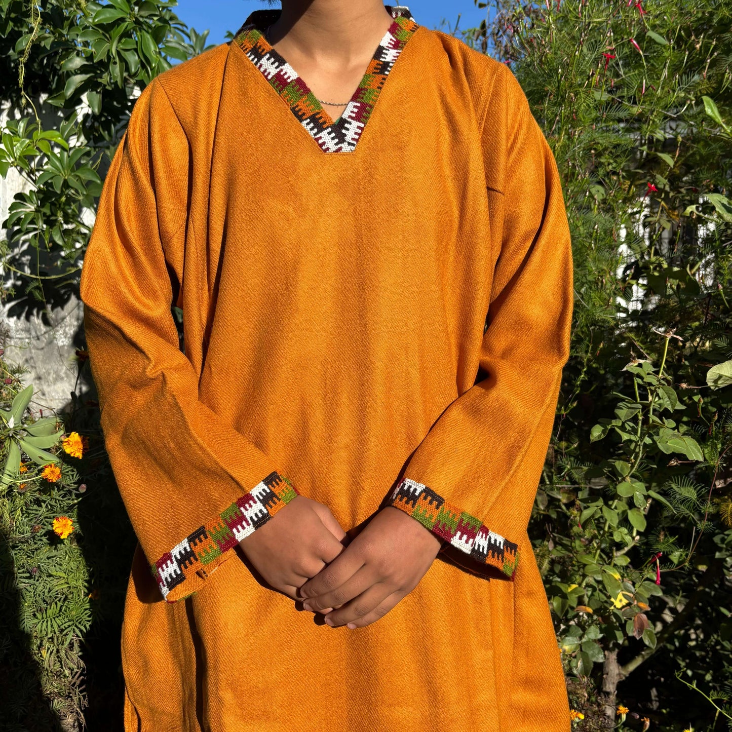 Mustard Merino Wool Himachali Pheran with Kullu Patti Border – Handcrafted Winterwear