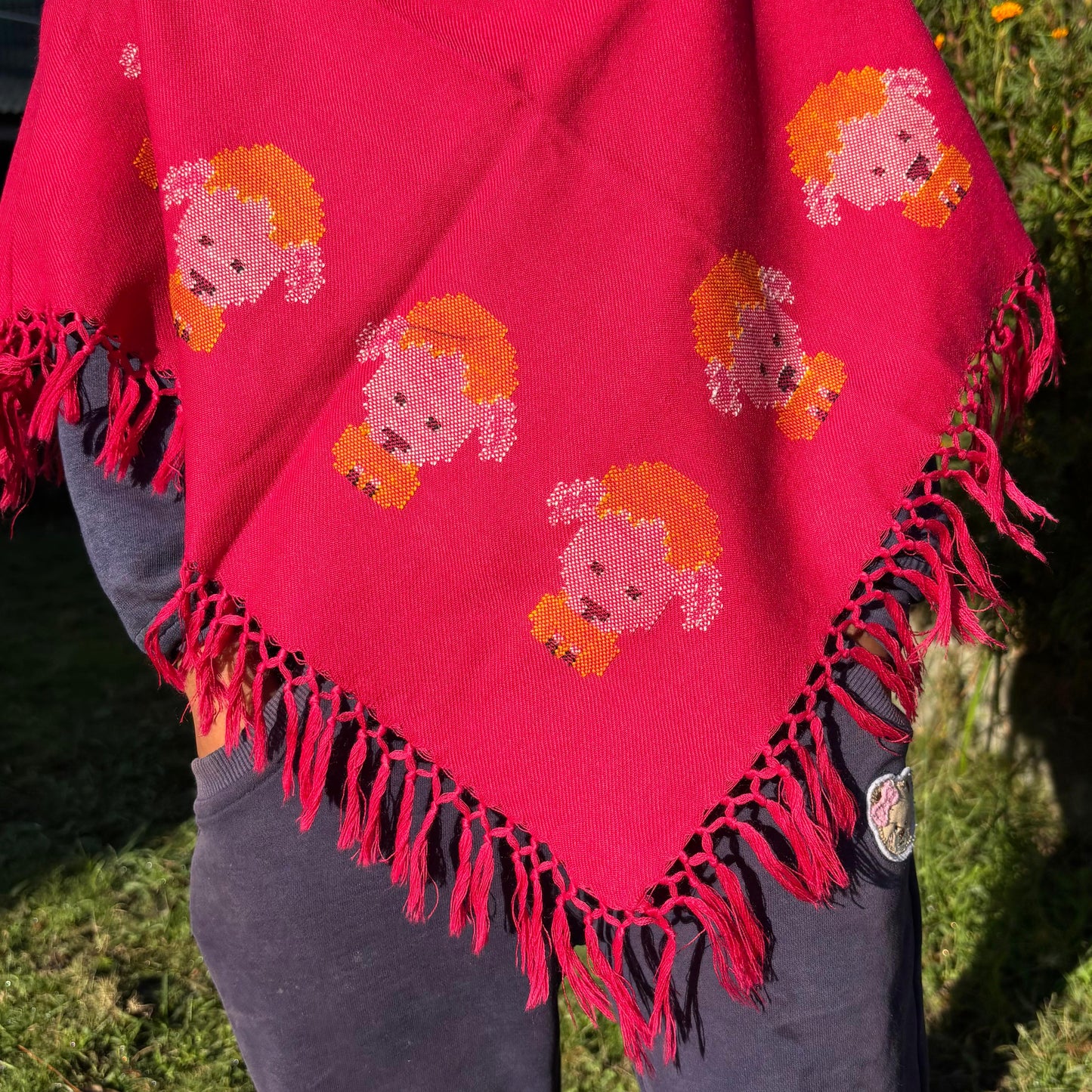 Close up of Handwoven Himachali merino wool kids poncho with tassel edges