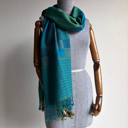 Hand Woven Pure Merino Wool Kullu Stole Blue & Green