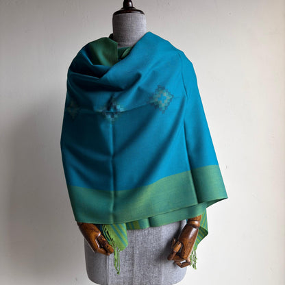 Hand Woven Pure Merino Wool Kullu Stole Blue & Green