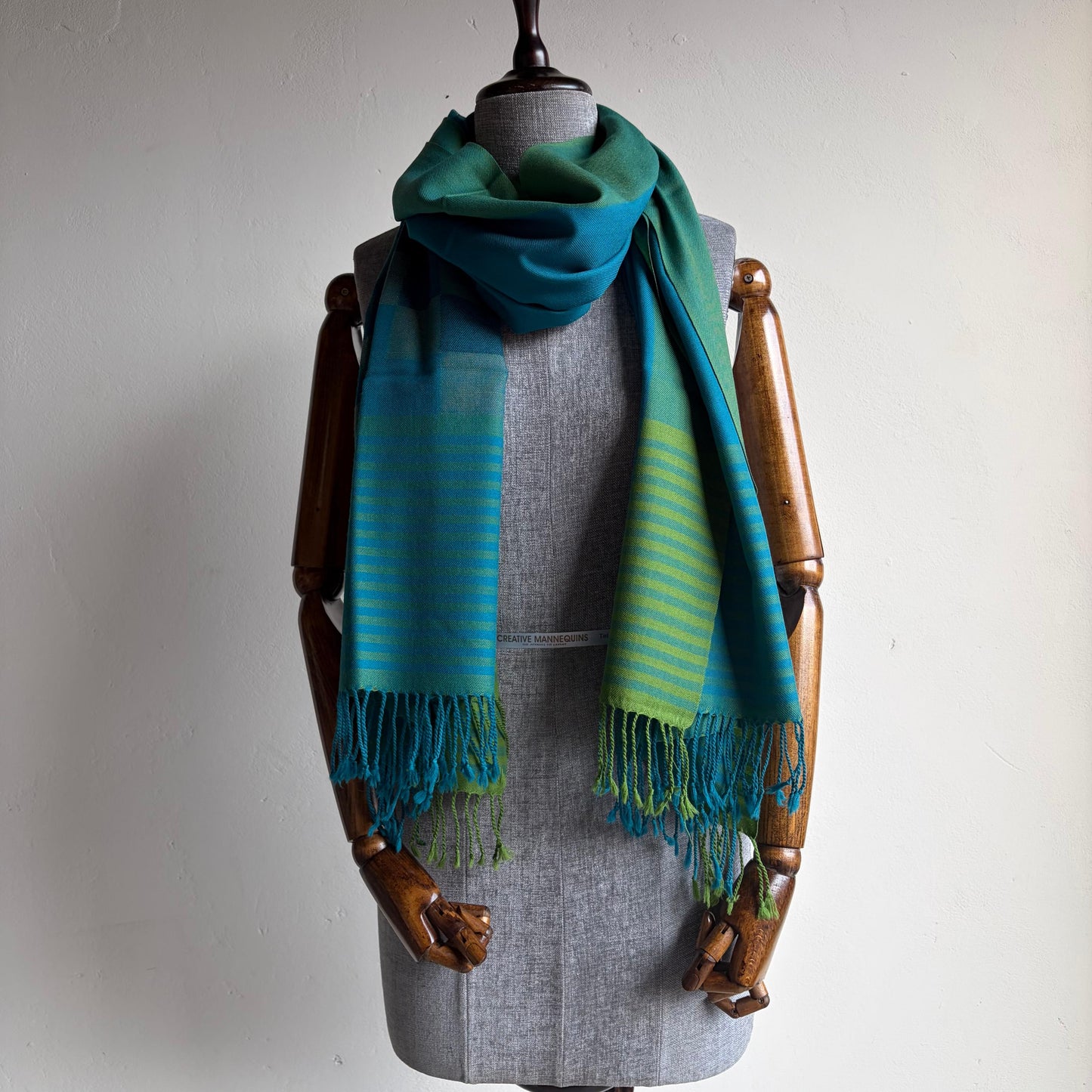Hand Woven Pure Merino Wool Kullu Stole Blue & Green