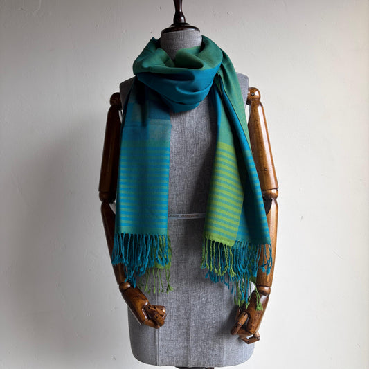 Hand Woven Pure Merino Wool Kullu Stole Blue & Green