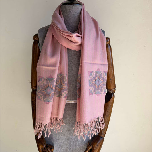 Hand Woven Pure Merino Wool Kullu Stole- Rose Pink