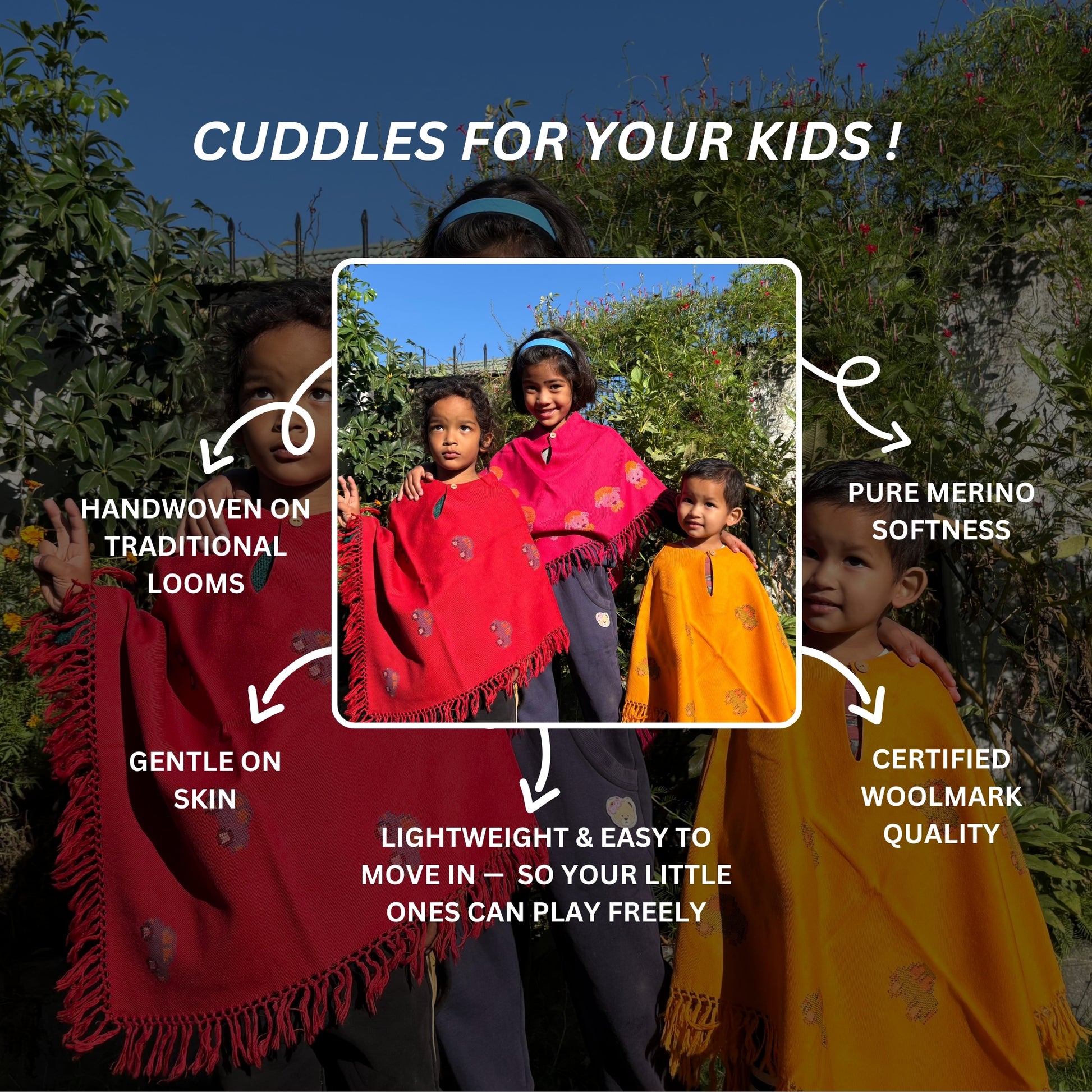 Pure Merino wool kids poncho – soft, warm winter wear for children