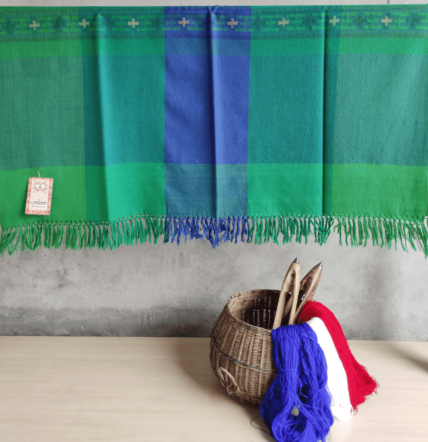 Hand Woven Pure Merino Wool Kullu Shawl (MANGALA 017) GREEN + BLUE