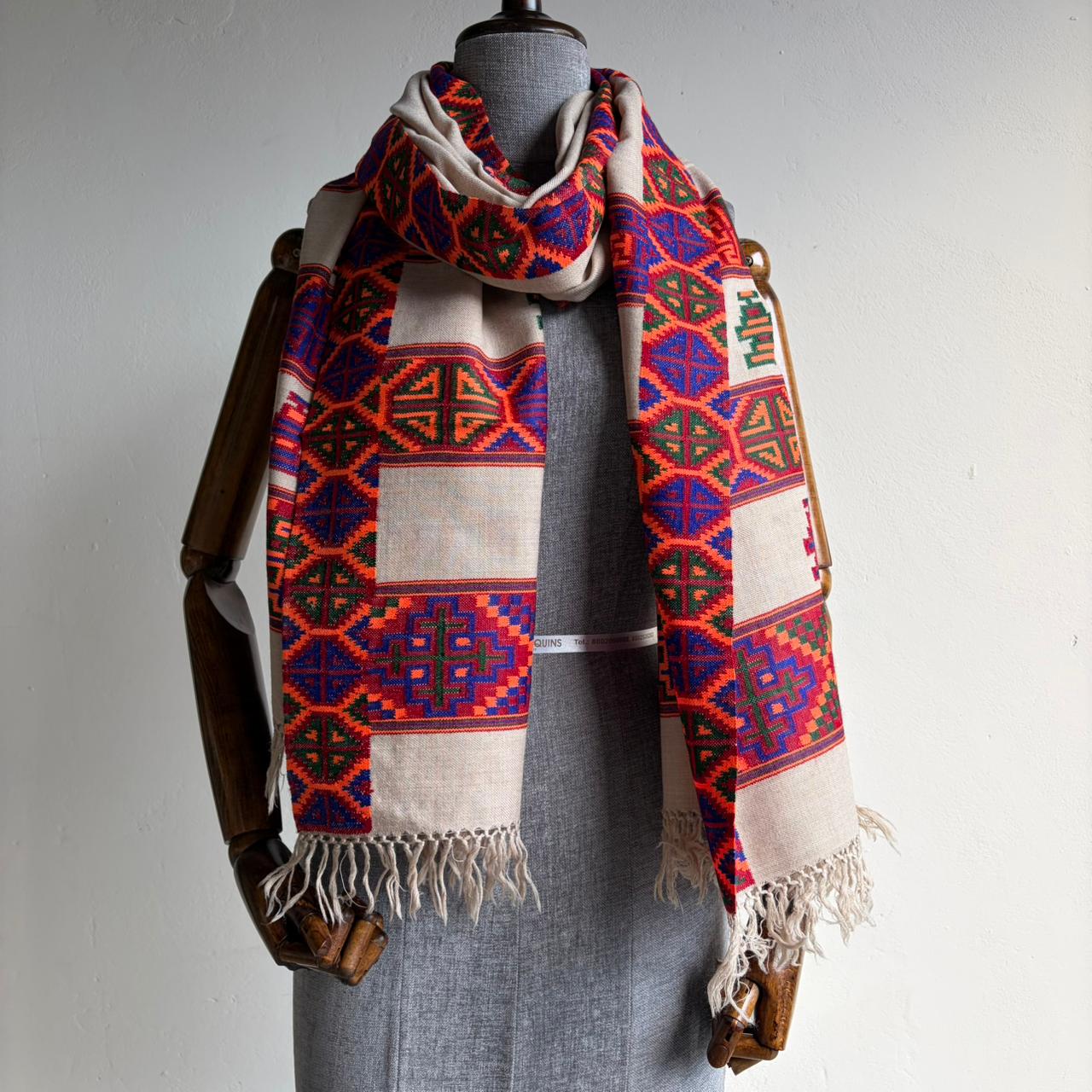 Hand Woven Pure Merino Wool Kullu Stole Kinnauri Design Fawn