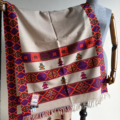 Hand Woven Pure Merino Wool Kullu Stole Kinnauri Design Fawn