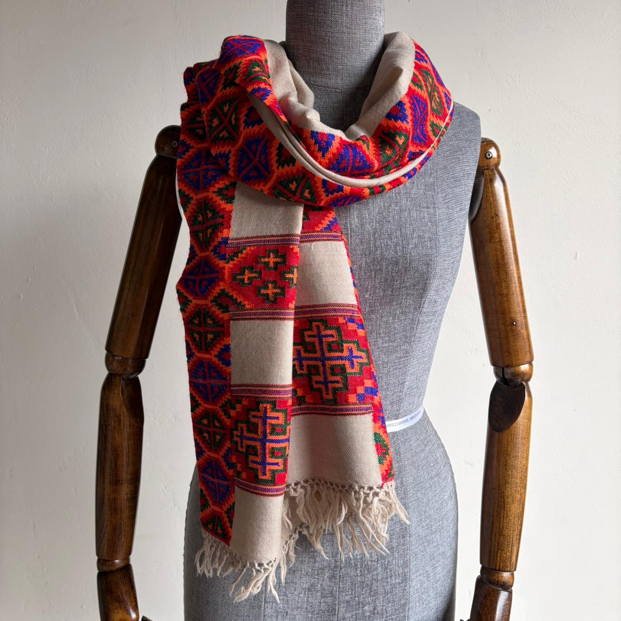 Hand Woven Pure Merino Wool Kullu Stole Kinnauri Design Fawn