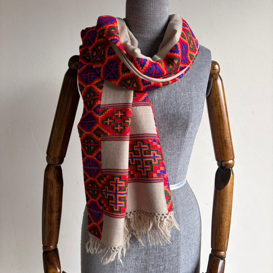 Hand Woven Pure Merino Wool Kullu Stole Kinnauri Design Fawn