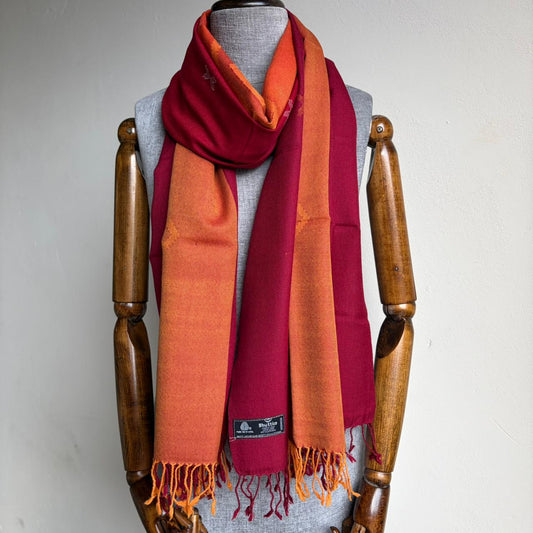 Hand Woven Pure Merino Wool Kullu Stole- Red and Orange