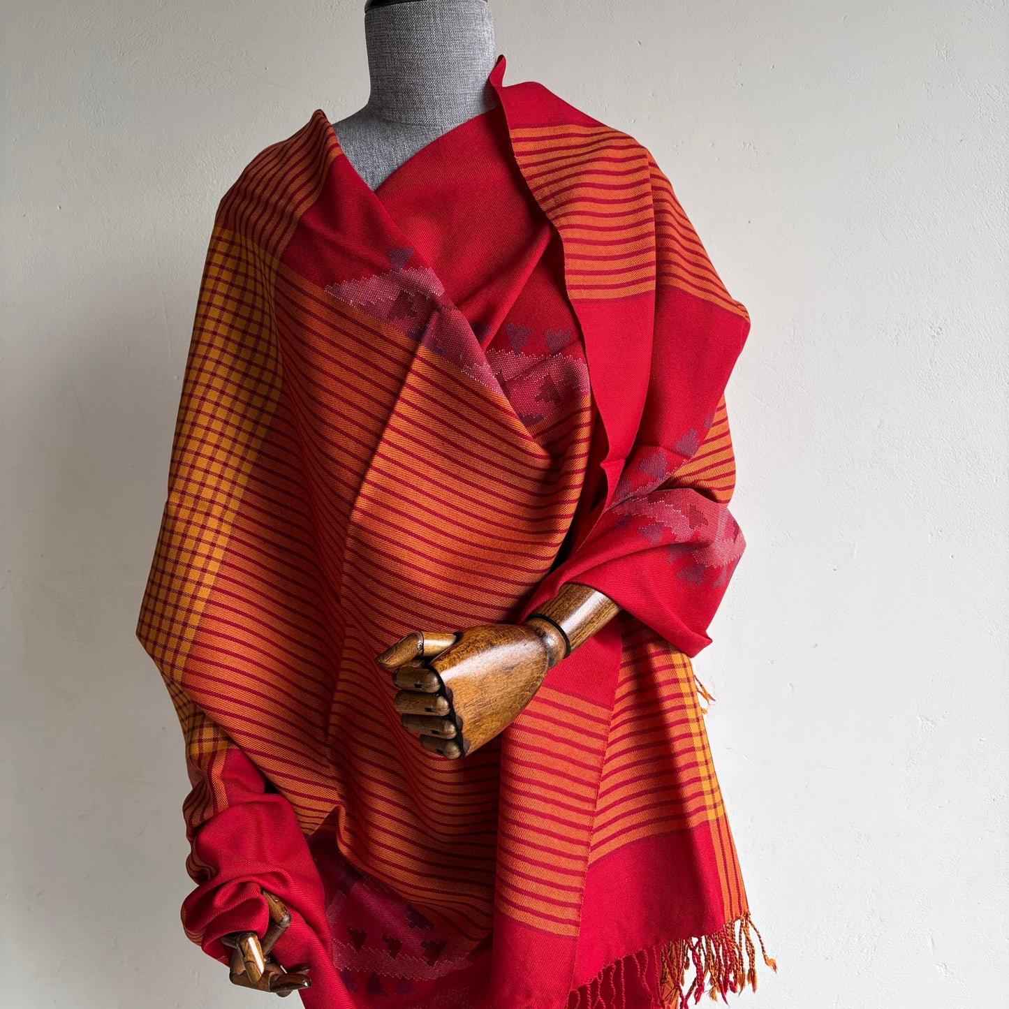 Handloom Pure Merino Wool Shawl (Red and Mustard)