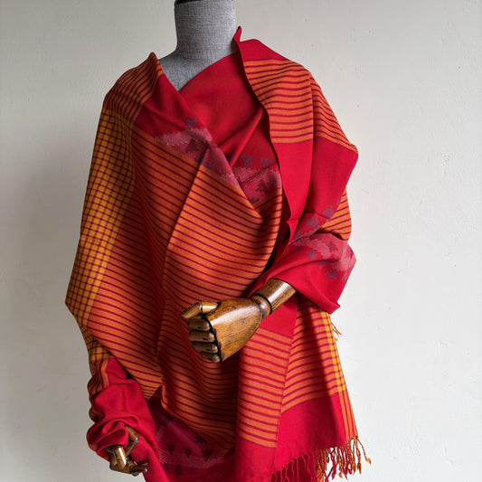 Handloom Pure Merino Wool Shawl (Red and Mustard)