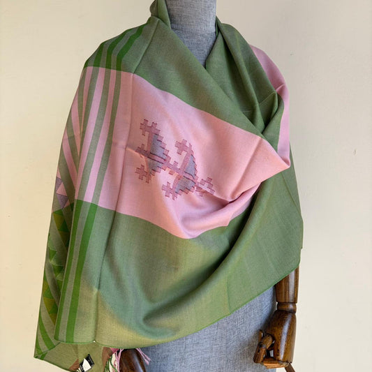 Hand Woven Pure Merino Wool Kullu Stole- Green and Pink