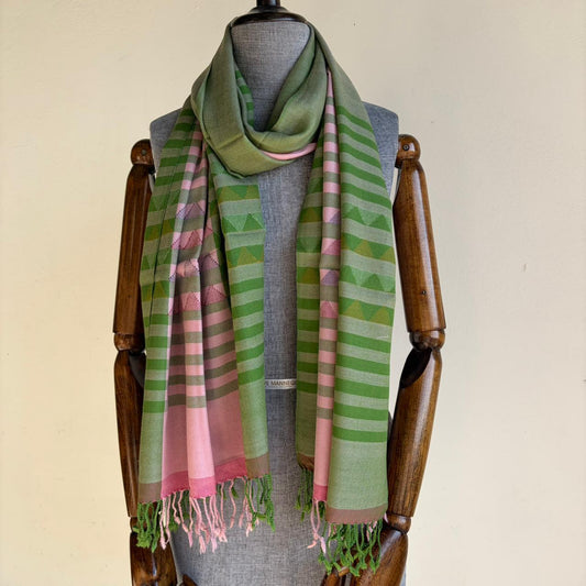 Hand Woven Pure Merino Wool Kullu Stole- Green and Pink