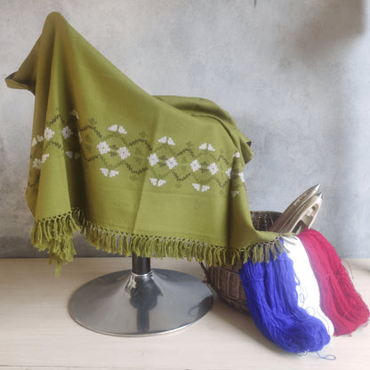 Hand Woven Polywool Kullu Shawl - (214) Green - Bhuttico Shawls