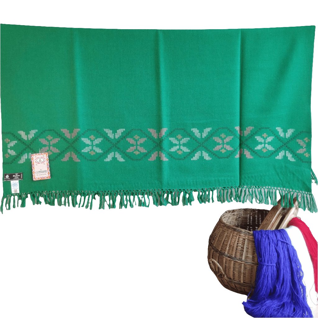 Hand Woven Polywool Kullu Shawl - (33) Green - Bhuttico Shawls