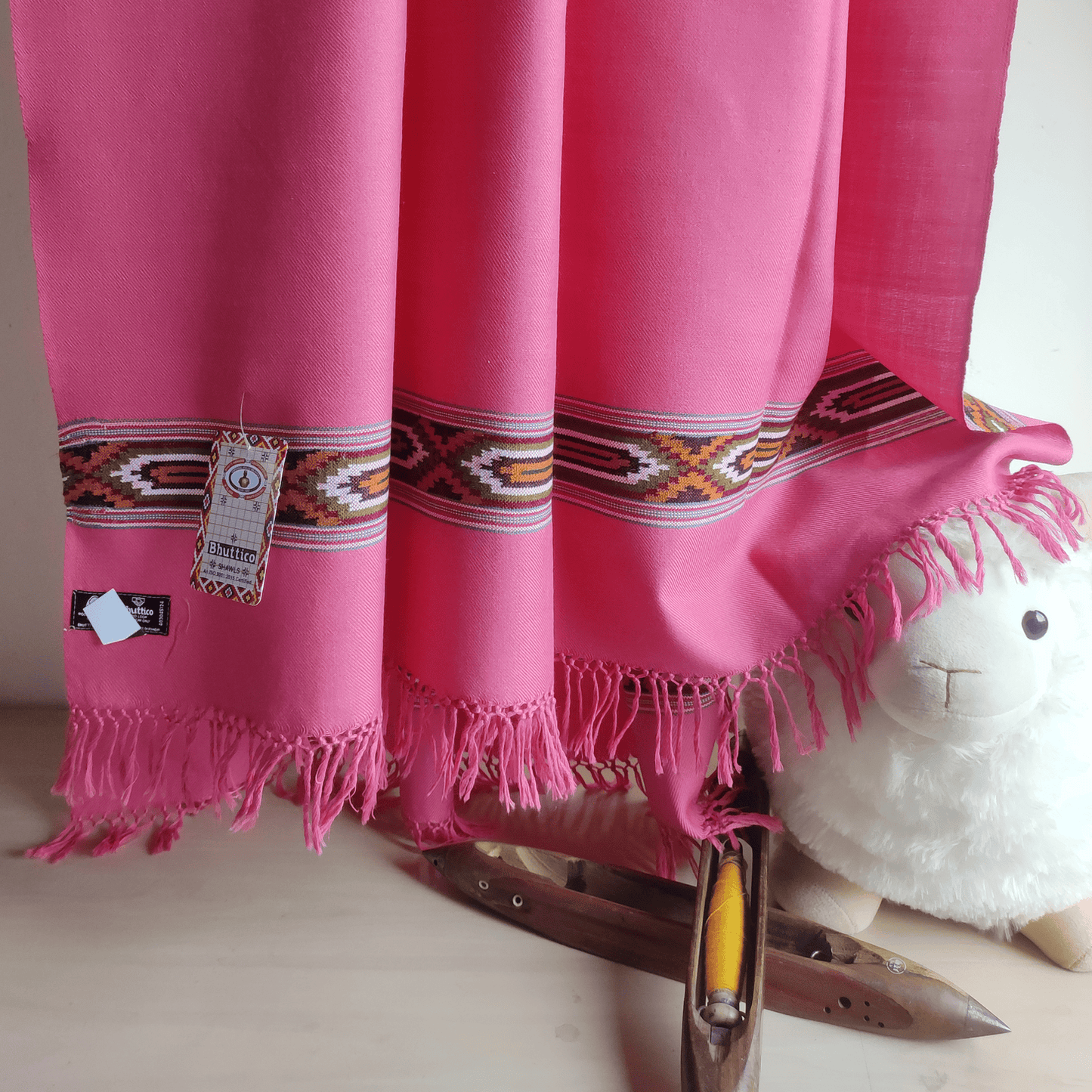 Hand Woven Polywool Kullu Shawl - pink - Bhuttico Shawls