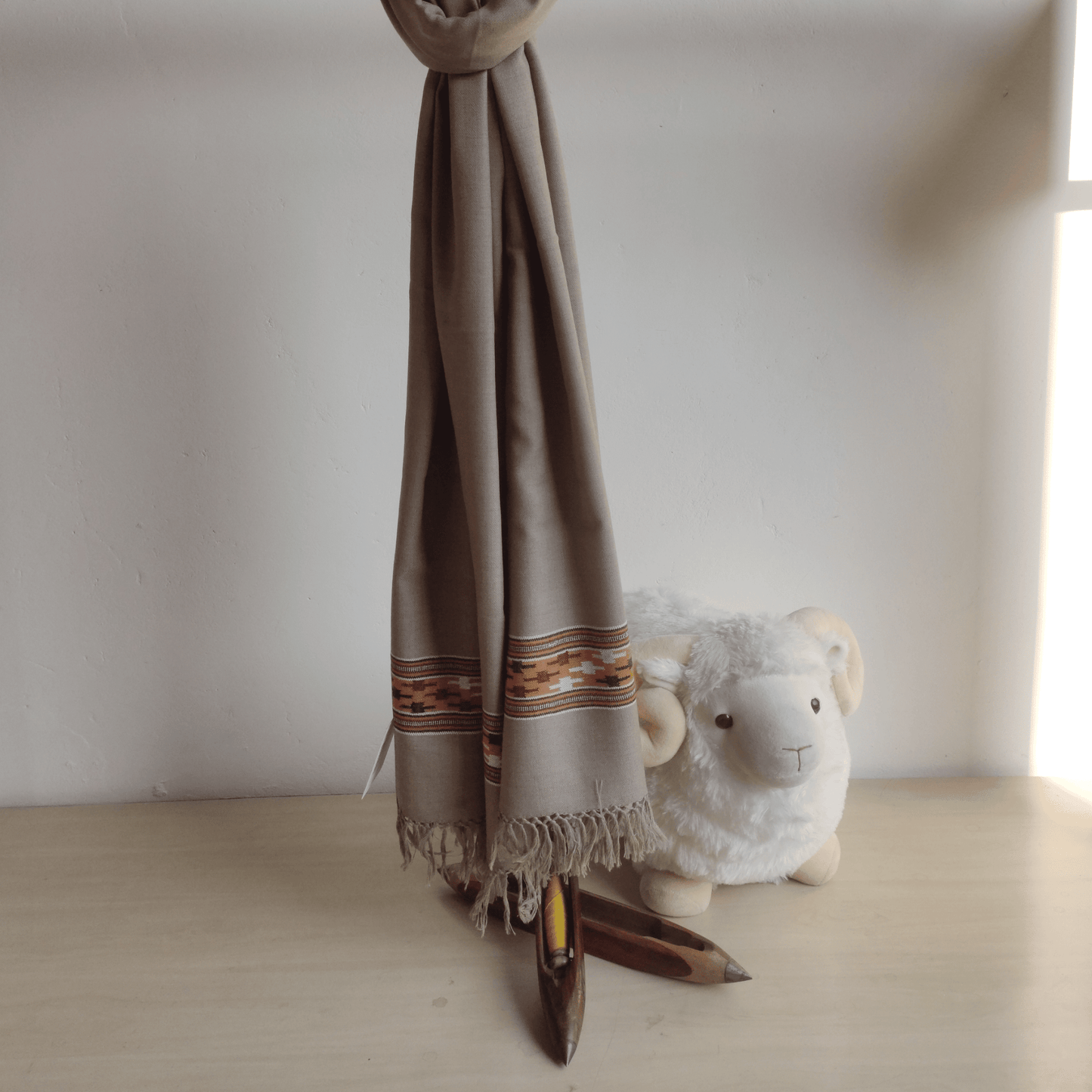 Hand Woven Polywool Kullu Stole - Beige - Bhuttico Shawls