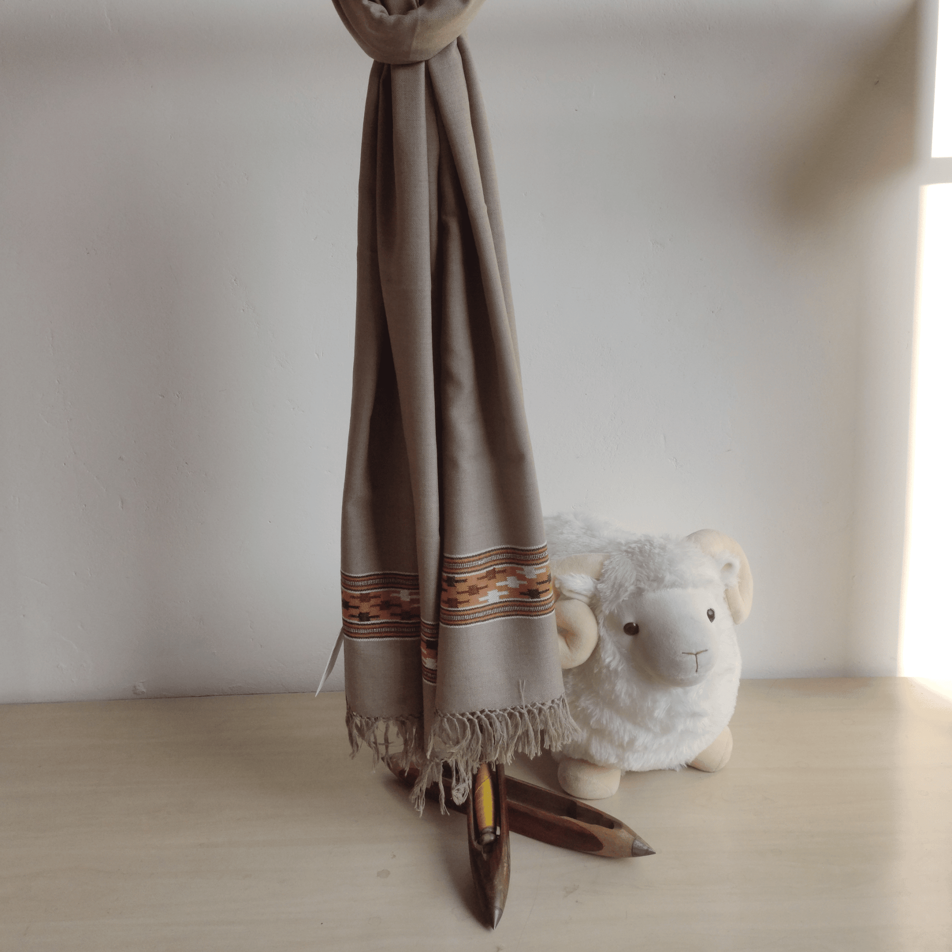 Hand Woven Polywool Kullu Stole - Beige - Bhuttico Shawls