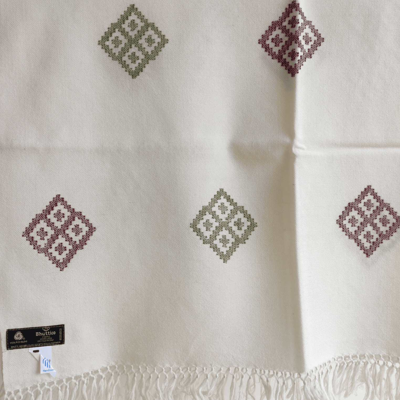 Hand Woven Polywool Kullu Stole - off white - Bhuttico Shawls