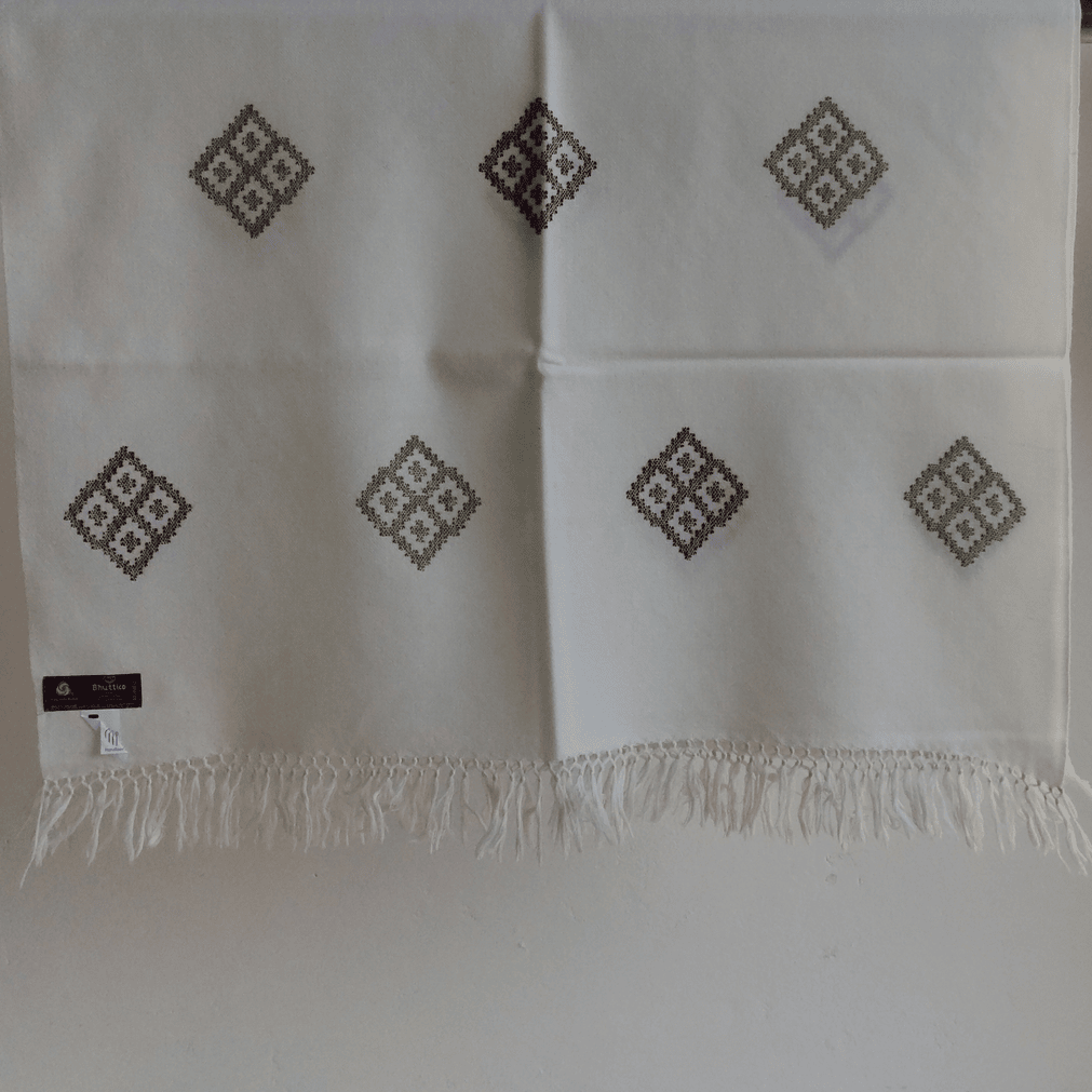 Hand Woven Polywool Kullu Stole - off white - Bhuttico Shawls