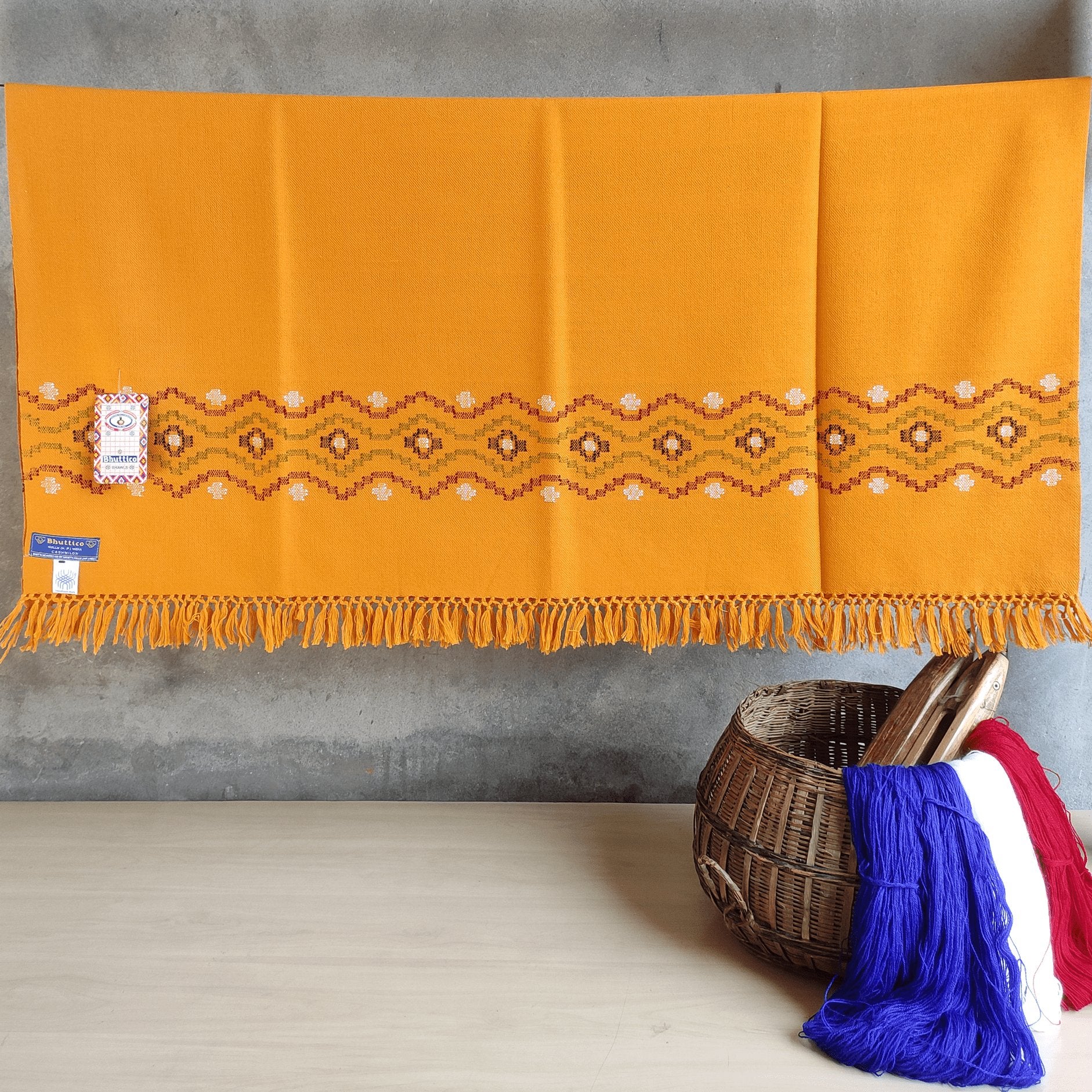 Hand Woven Pure Cashmilon Kullu Shawl - (331) Mustard - Bhuttico Shawls