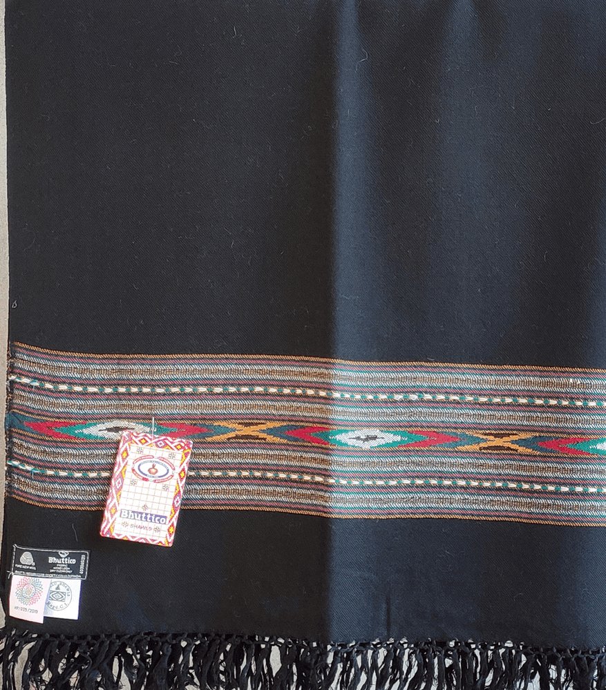 Hand Woven Pure Merino Wool Kullu Shawl (396) Black - Bhuttico Shawls