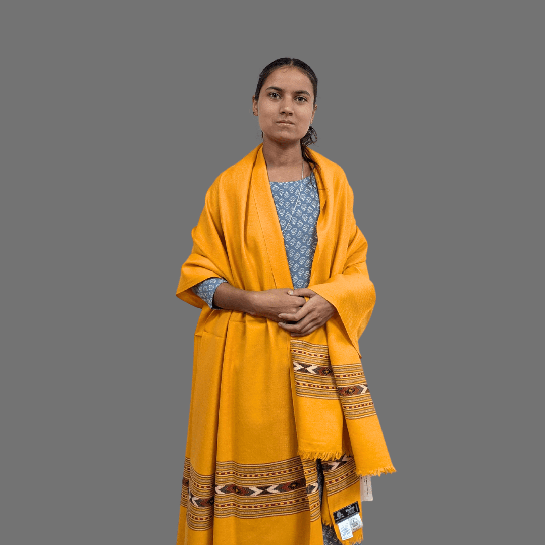 Hand Woven Pure Merino Wool Kullu Shawl (396 MUSTARD) - Bhuttico Shawls