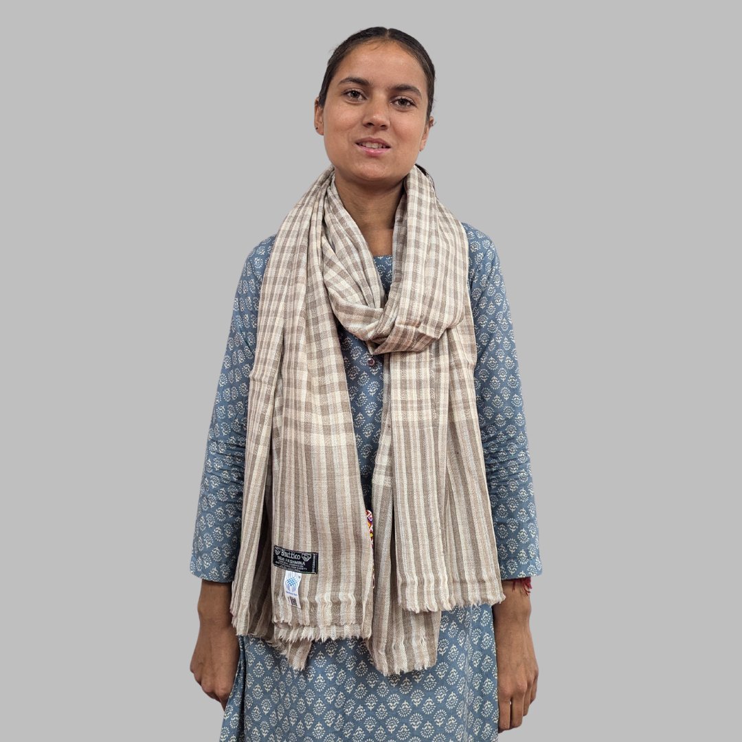 Hand Woven Pure Merino Wool + PASHMINA Kullu Stole (CHECK) - Bhuttico Shawls