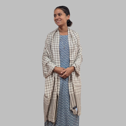 Hand Woven Pure Merino Wool + PASHMINA Kullu Stole (CHECK) - Bhuttico Shawls