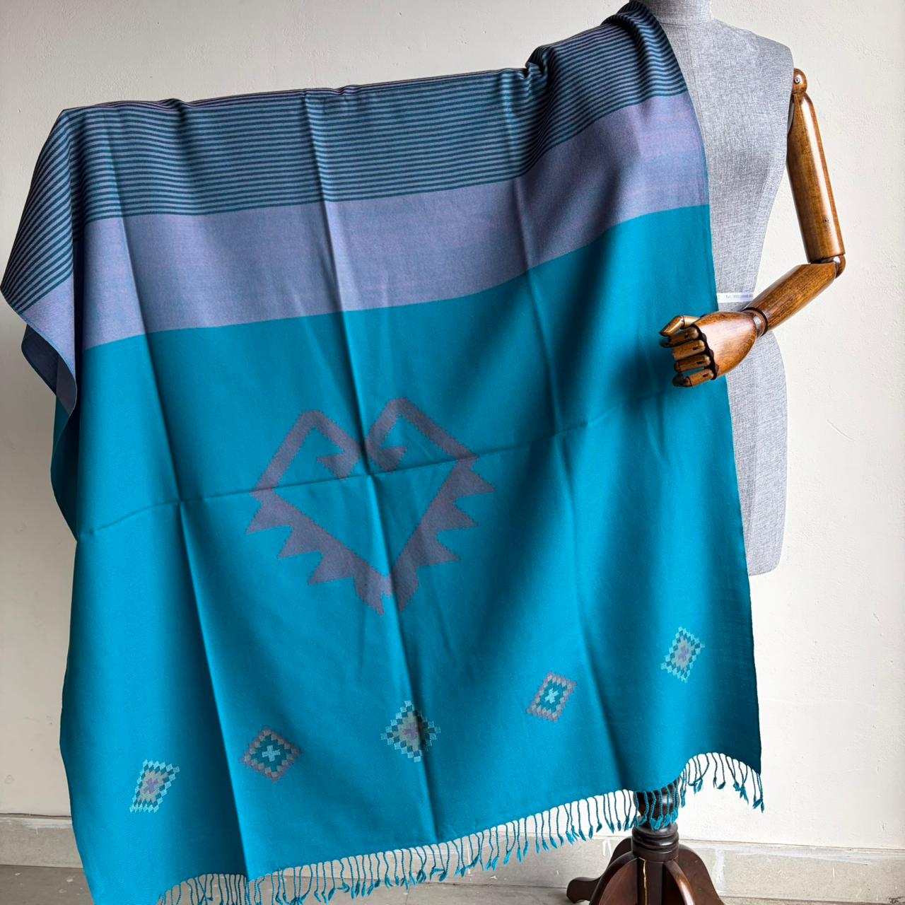 Hand Woven Pure Merino Wool Kullu Shawl-Blue