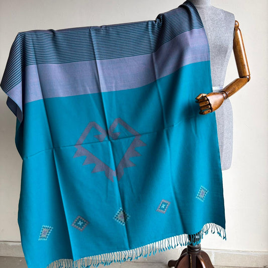 Hand Woven Pure Merino Wool Kullu Shawl-Blue