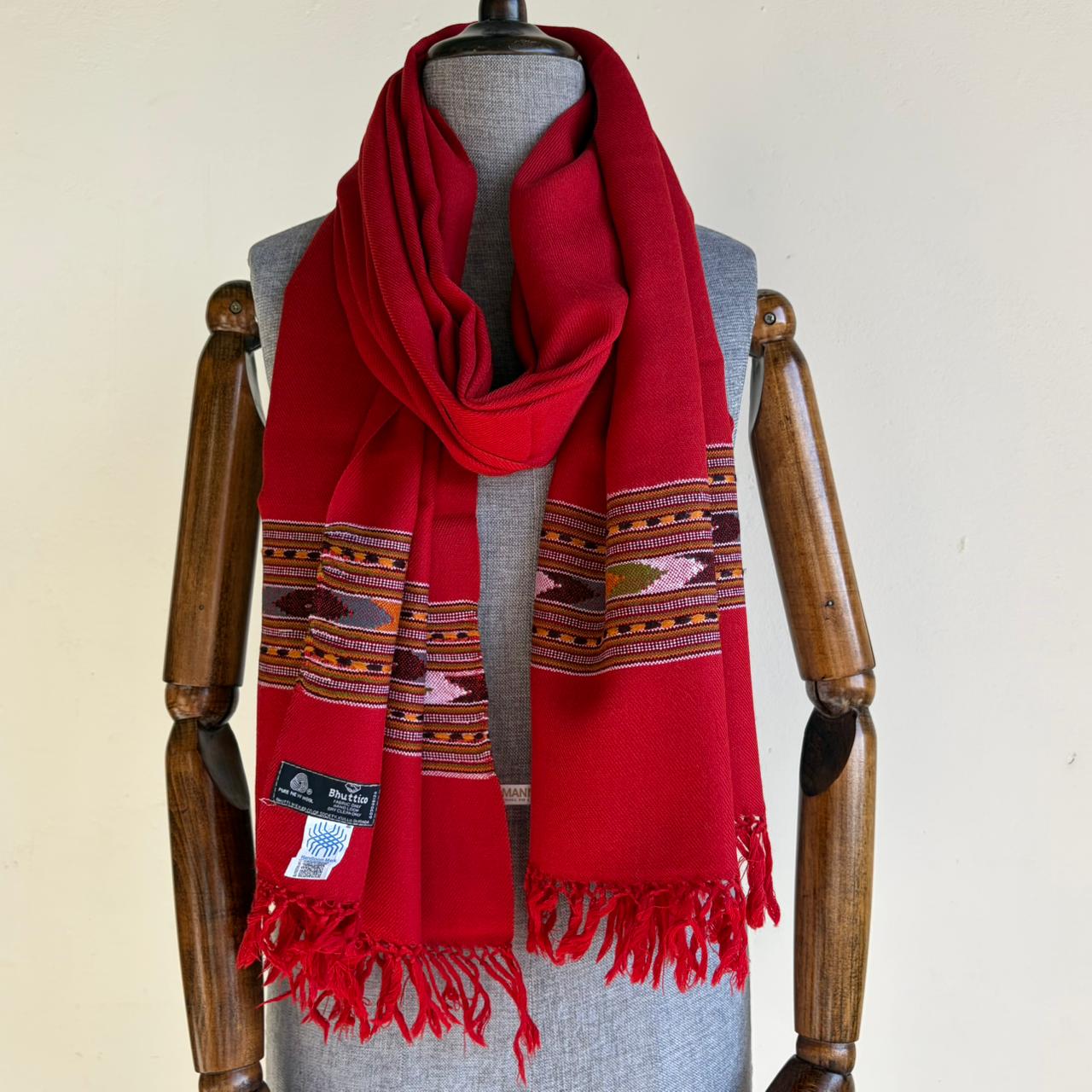 Hand Woven Pure Merino Wool Kullu Stole- Red