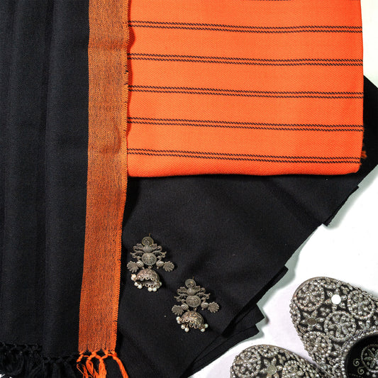 Handwoven Polywool Suit with Stole- Orange